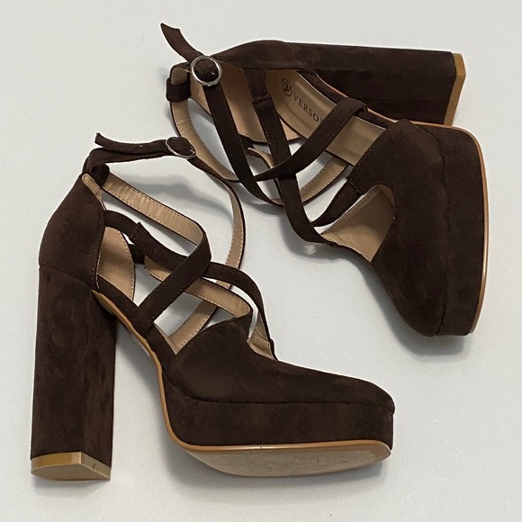 Women's Faux Velvet Suede Chocolate Brown Mary Jane Platform Heels Size 6 - Picture 4 of 10